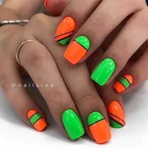 Маникюр оранжевый с зеленым