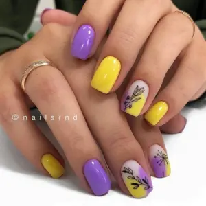 Маникюр жёлтый с фиолетовым