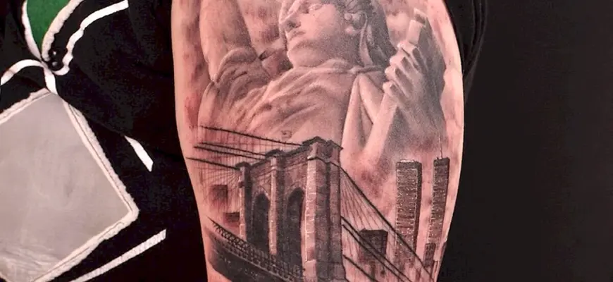Татуировка с статуей свободы и Нью-Йорком